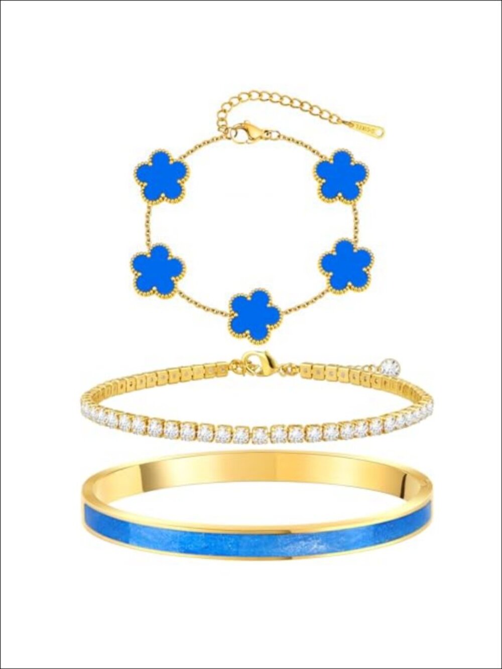 18K Gold Plated Stainless Steel Tennis Clover Bangle Bracelet Set Stackable